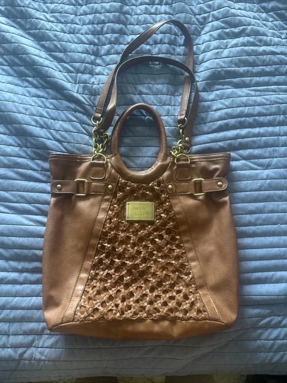 Nicole Miller Brown Woven‎ Front Tote with Gold Plaque